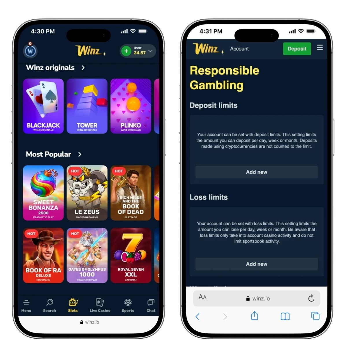 winz.io mobile casino lobby showing originals, most popular slots and responsible gambling dashboard