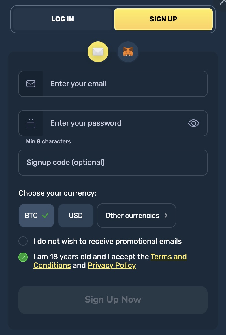 winz.io registration form with email signup, password field, currency selection, and optional promo code