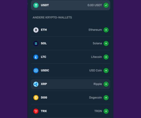 Winz.io DE Einzahlung Coinauswahl