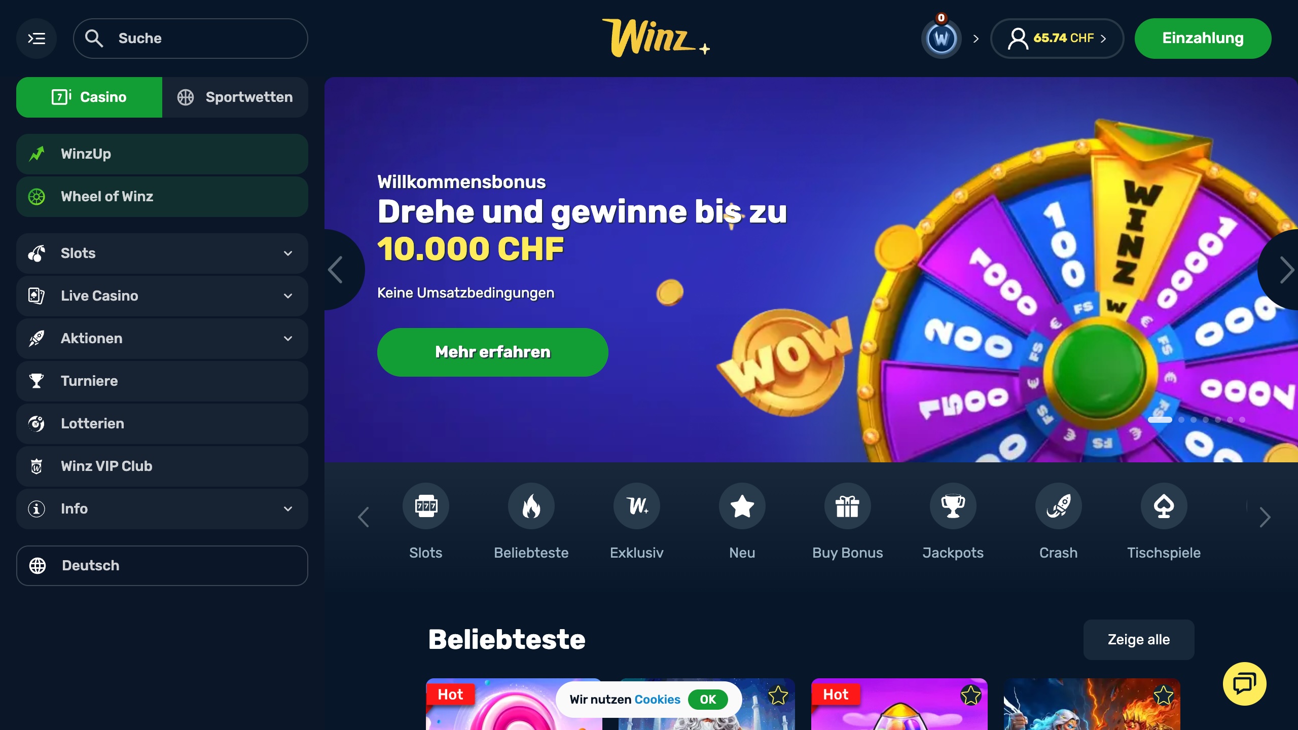 Das Bild zeigt die Desktop Startseite nach erfolgreichem Login bei Winz Schweiz mit dem Bonusbanner und der Spielesammlung