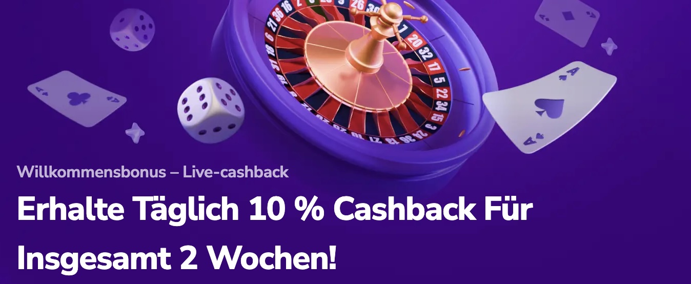 Das Bild zeigt den Live Cashback Willkommensbonus bei Winz.io Schweiz. Hier erhält man täglich für 2 Wochen 10%