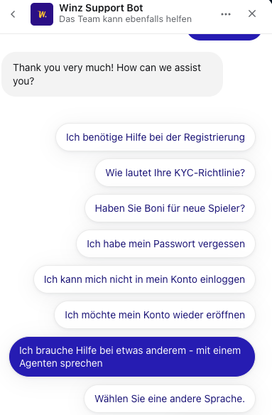 Das Bild zeigt den offenen Live Chat mit den Fragen des Chatbots