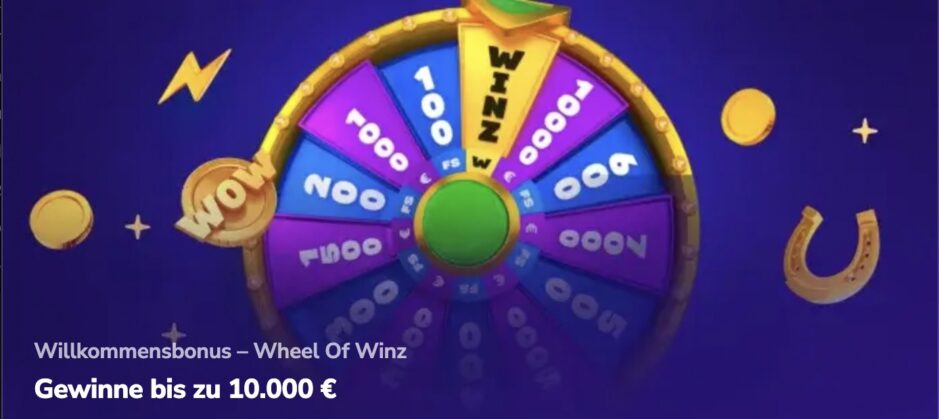 Das Bild zeigt das Bonusangebot für die Willkommensprämie mit dem Glücksrad. Hier können zu Beginn bis zu 10'000 EUR gewonnen werden
