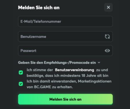 Bei BC Game kann man sich mit E-Mail-Adresse, über Google und soziale Medien oder auch Wallet Connect registrieren.