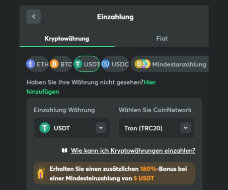 Nach gelungener Anmeldung kann die erste Einzahlung durchgeführt werden.