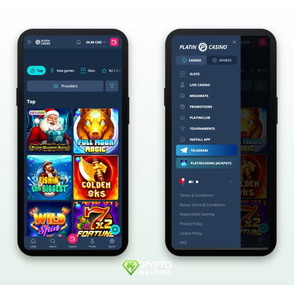 The image shows the mobile version of the Platin Casino. On the left you can see the game selection and on the right the main menu