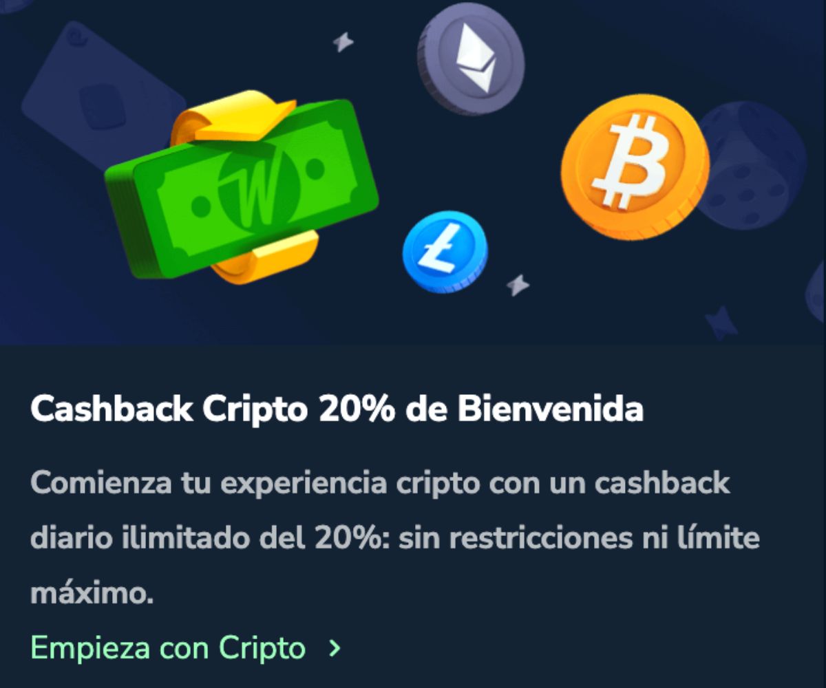 Bono de bienvenida con criptomoneda con un 20% para disfrutra del casino winz.io
