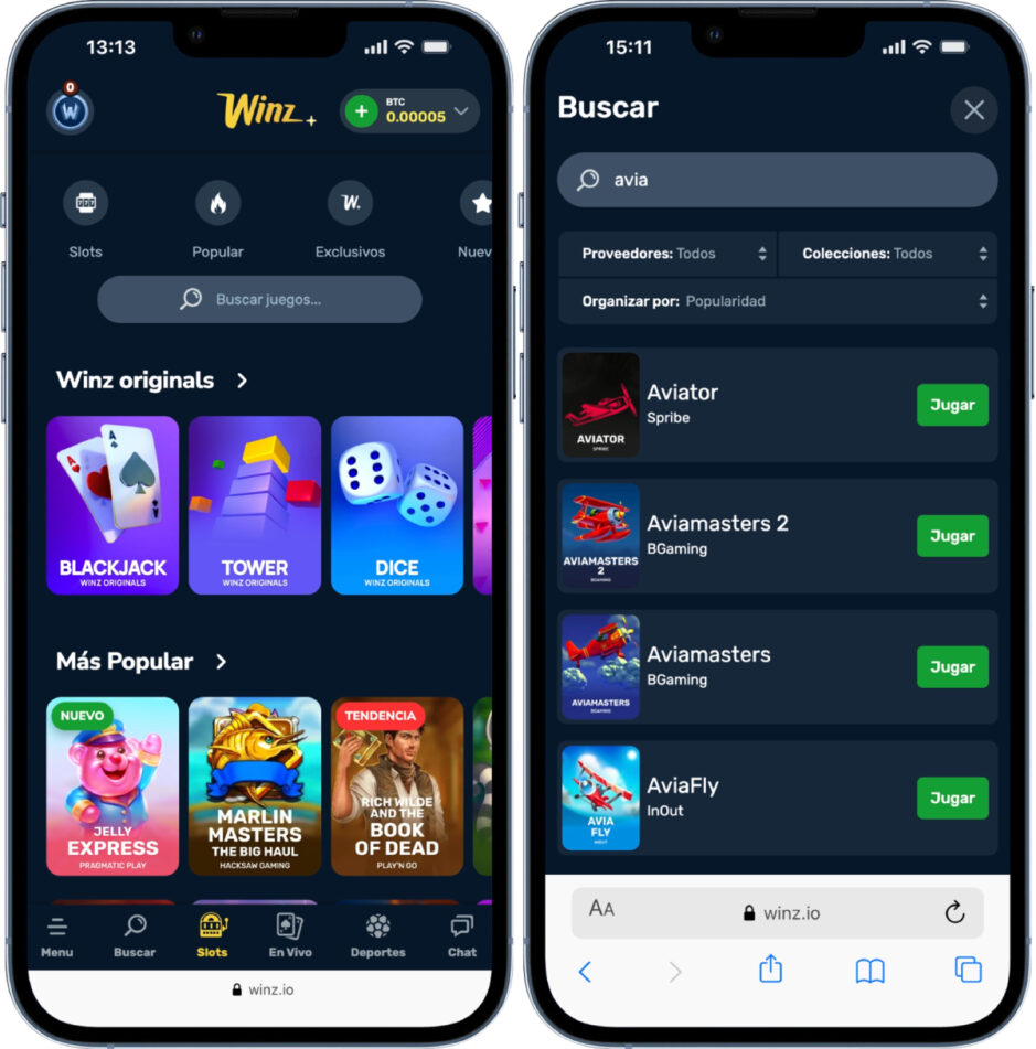 Screenshot de casino movíl Winz.io
