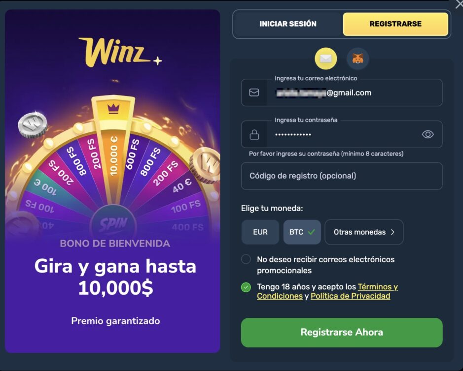 Registro en Winz Casino con tan solo un correo electrónico y una contraseña. El bono de bienvenida de la ruleta aparece a la izquierda de la ventana.