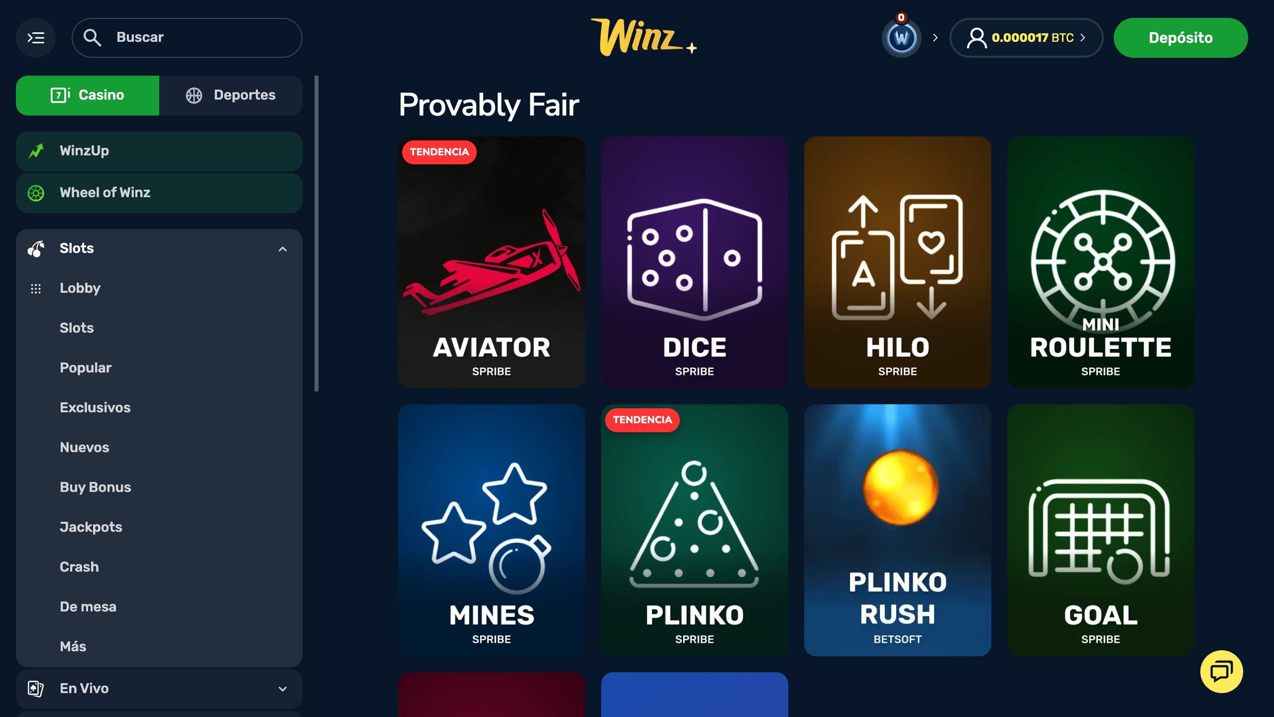Provably Fair Games de Winz Casino