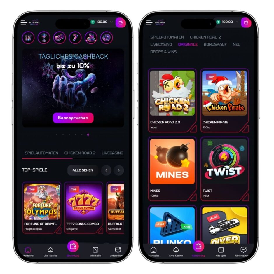 Mobiler Screenshot des Bitstrike Casinos- Bitstrike Test von kryptocasinos.com