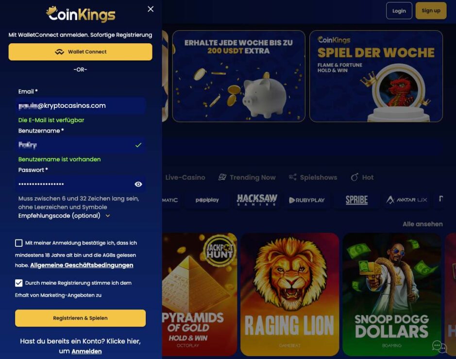 Registrierung im Crpto Casino Coinkings - erklärt von KryptoCasinos.com
