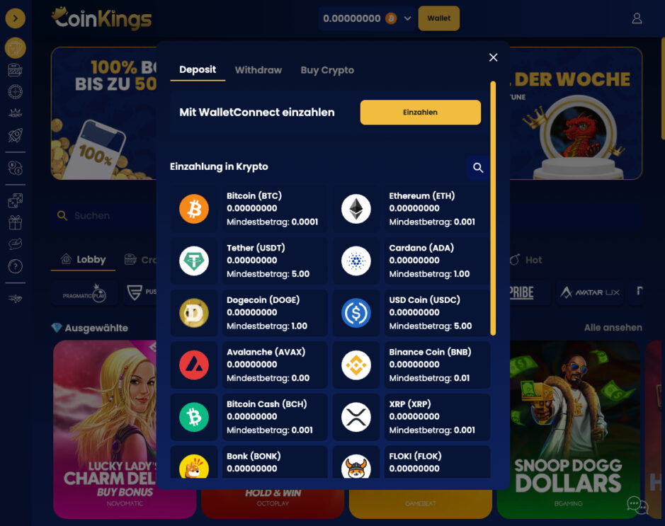 Die Auswahl von Kryptowährungen im Crypto Casino (Hier am Beispiel von Coinkings)