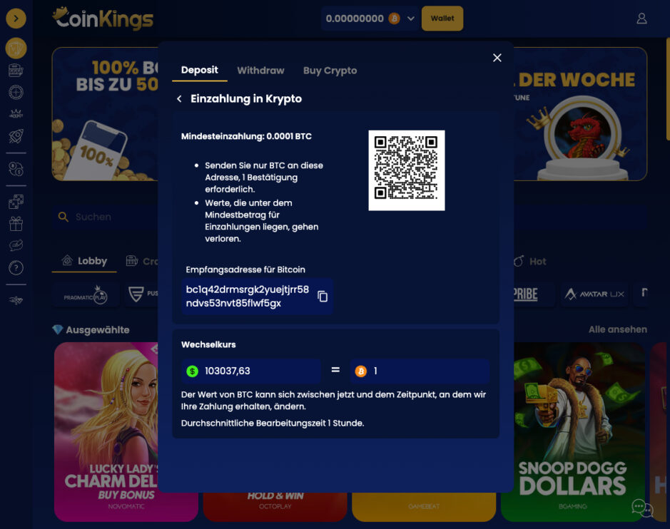 QR Code und Empfängeradresse, um eine Einzahlung im Krypto Casino durchzuführen.