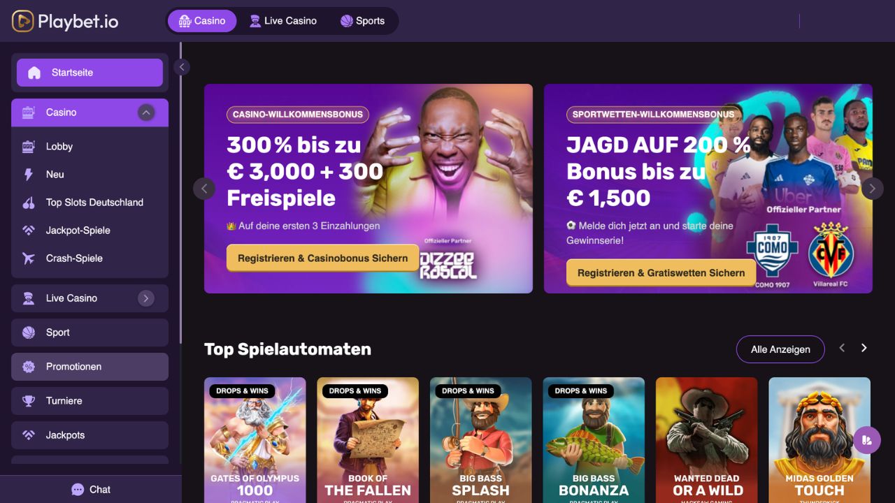 Das Bild zeigt die deutsche Desktop Version von Playbet.io