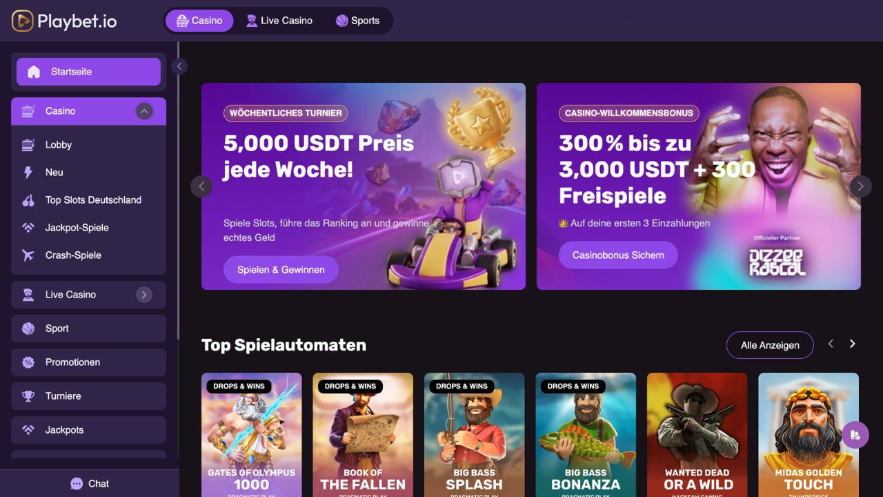 Das Bild zeigt die Desktop Ansicht der Startseite mit der Spielelobby und dem Bonusbanner von Playbet
