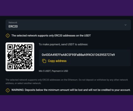 The image shows the deposit process at SpinsUp: Copying QR Coder for the payment process