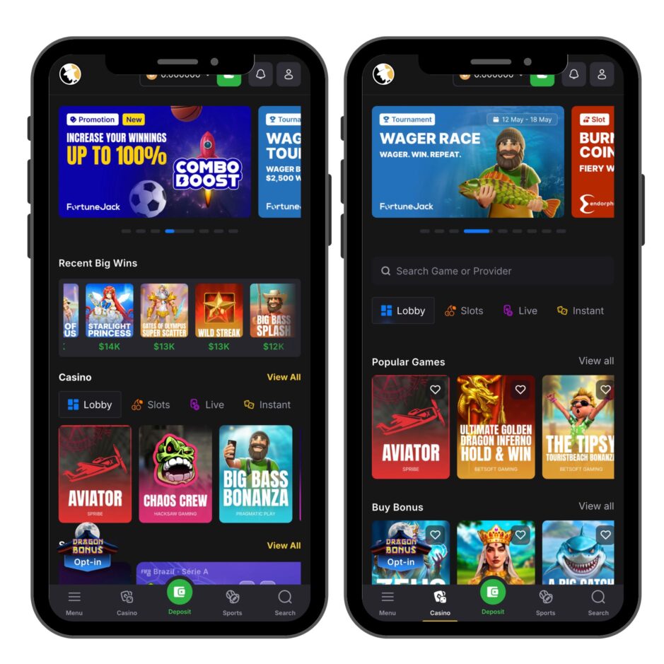Das FortuneJack in der mobilen Ansicht, während des kryptocasinos.com-Test