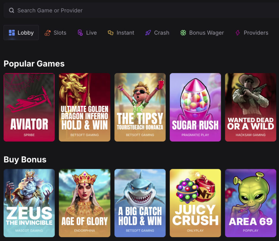 FortuneJack Casino Lobby Screenshot der Fortune Spielauswahl - getestet von kryptocasinos.com