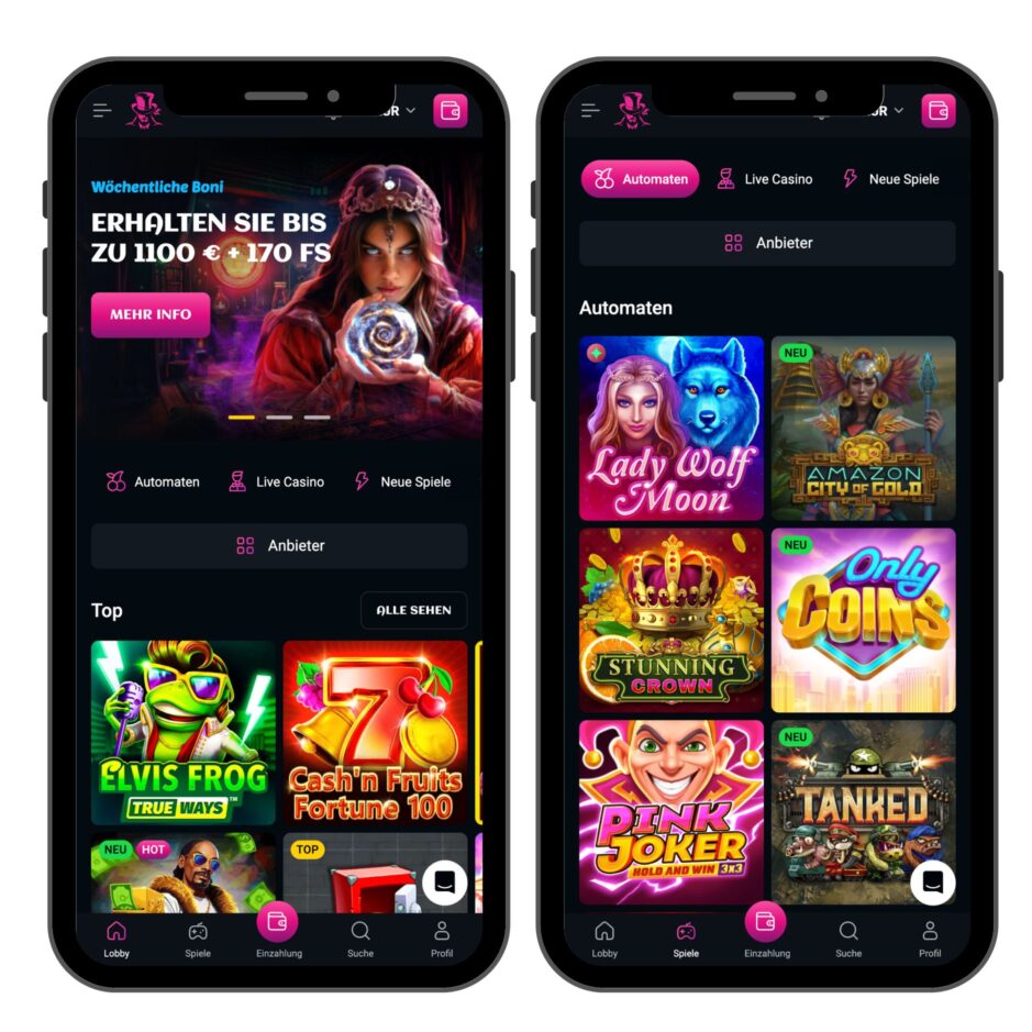 Screenshot der mobilen SpinsUp Casino Ansicht 2025 mit Schweizer Standort. Getestet von kryptocasinos.com.