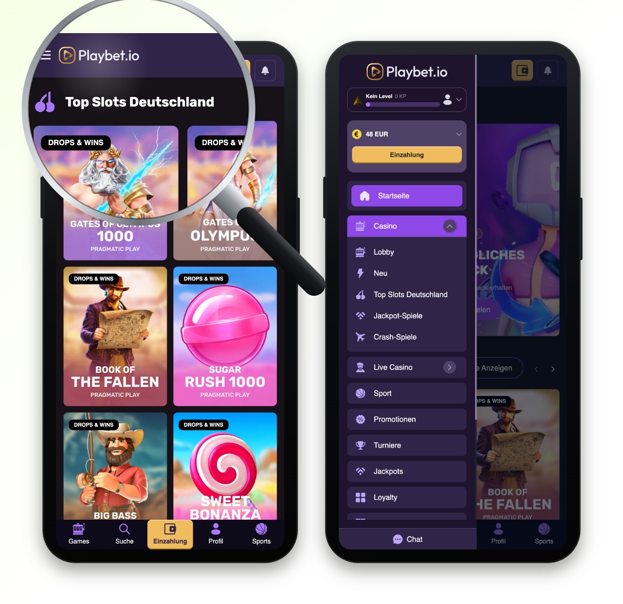 playbet.io casino auf dem smartphone mit top slots deutschland und geöffnetem navigationsmenü