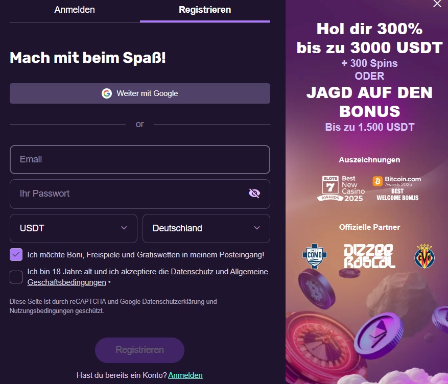 Anmeldemaske des Playbet Casinos