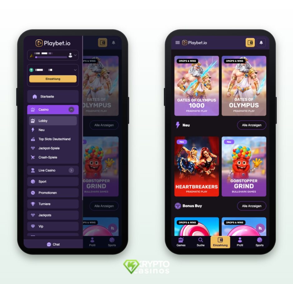 Das Bild zeigt die mobile Version von Playbet.io CH. Rechts sieht man die Spiellobby und links das Hauptmenü