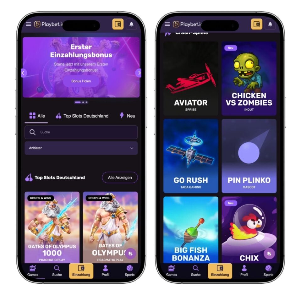Das Bild zeigt die mobile Ansicht von Playbet Schweiz. Links die Startseite mit dem Bonusbanner und rechts die Spiellobby mit den Crashgames