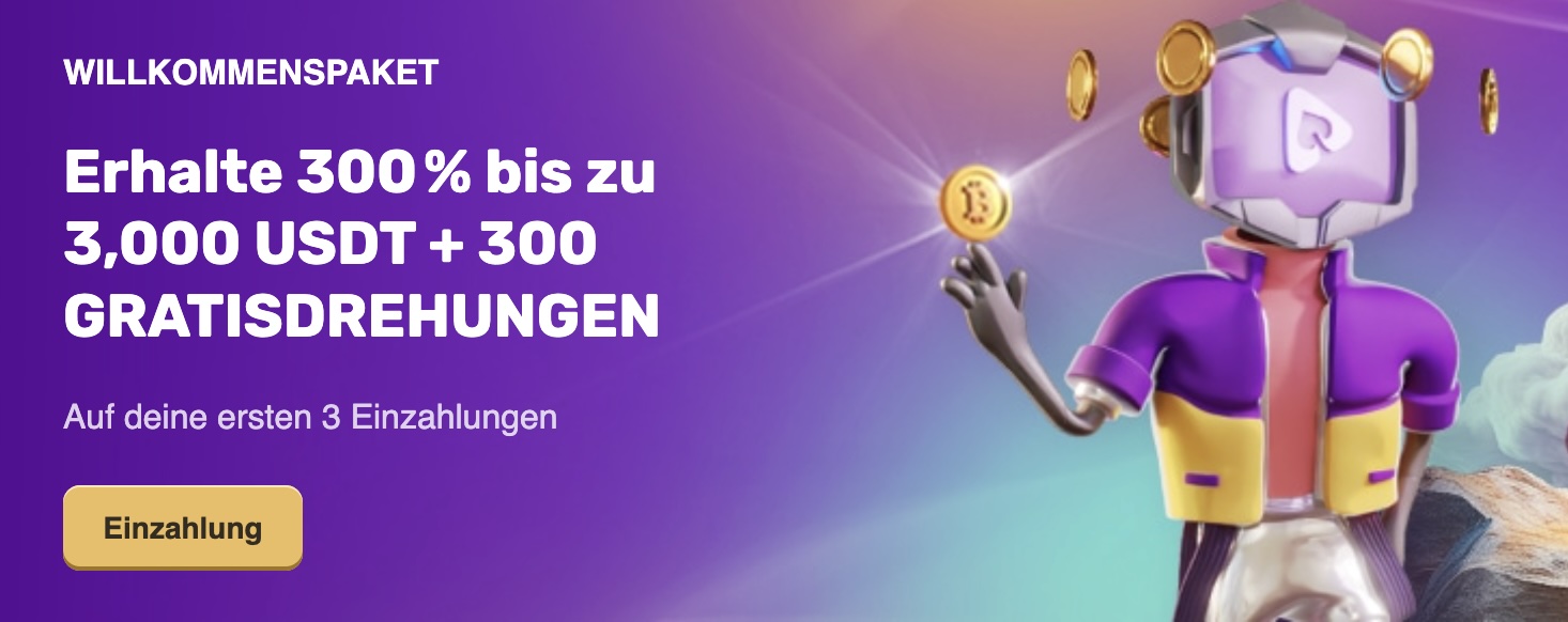 Das Bild zeigt das aktuelle Willkommensangebot von Playbet mit 300% Bonus bis zu 3.000 USDT auf deine ersten 3 Einzahlungen