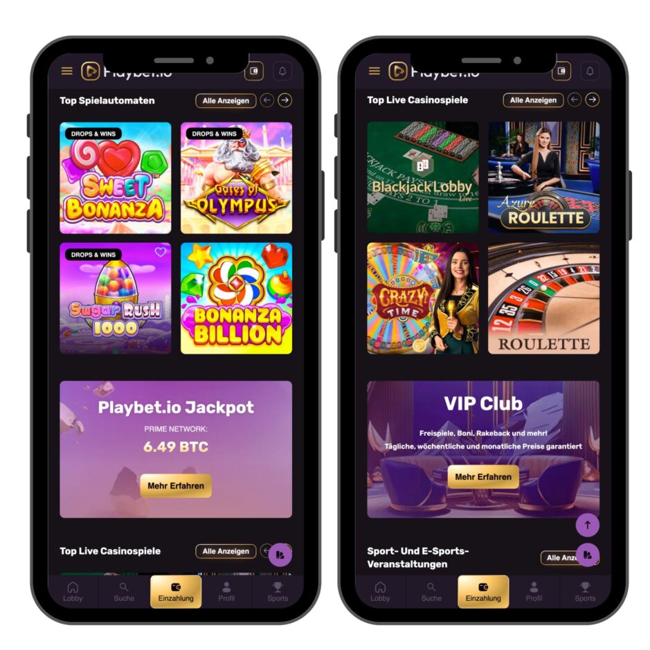 Playbet.io Casino Screenshot der mobilen Browser Version für Schweizer 2025 - getestet von kryptocasinos.com