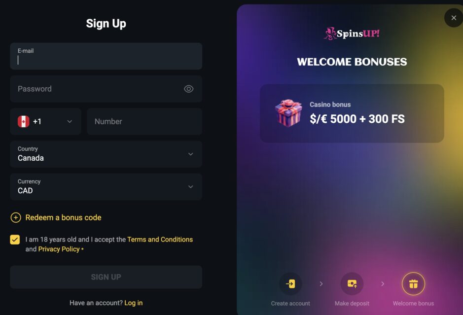 The image shows the sign-up window for SpinsUp En
