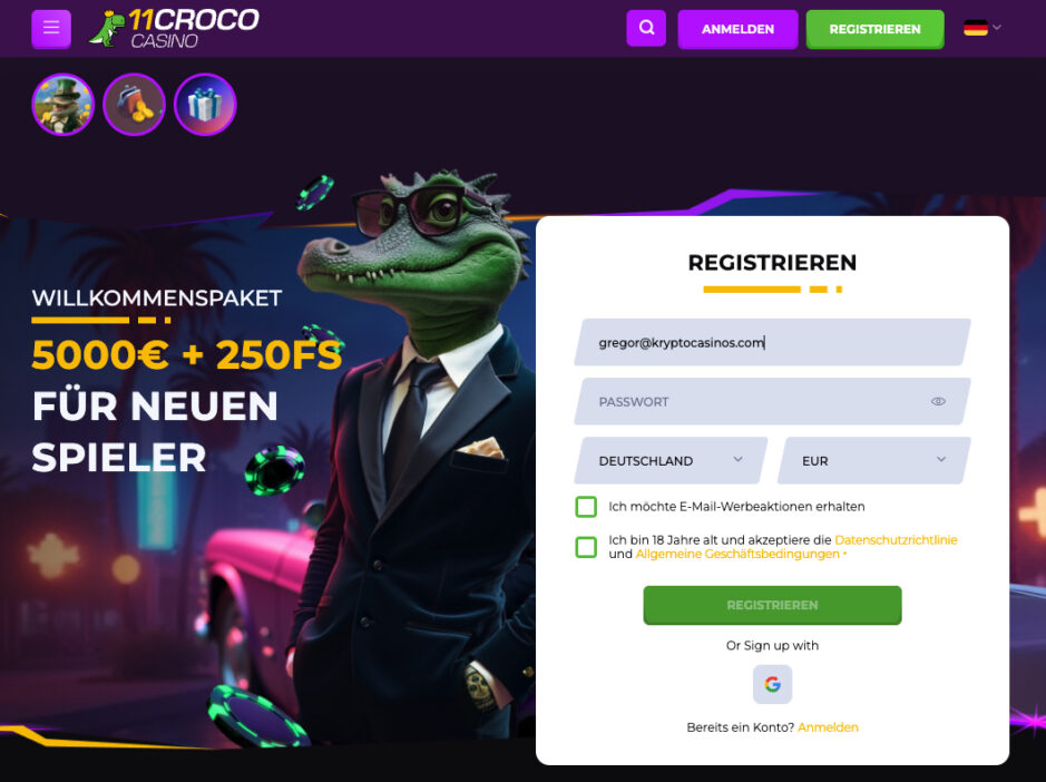 Screenshot vom 11 Croco Casino Bonus für Spieler aus Deutschland