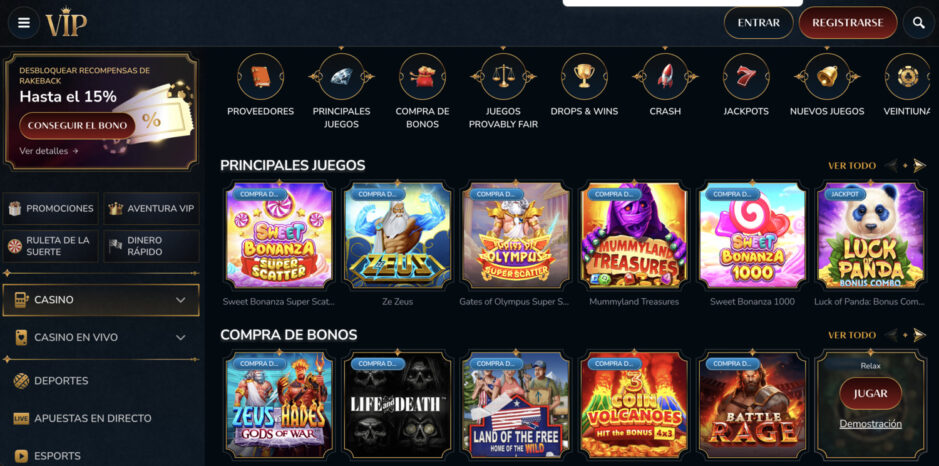 Imagen principal de la sección casino de Vipcasino.io con algunos de sus juegos y un apartado de compra de bonos.