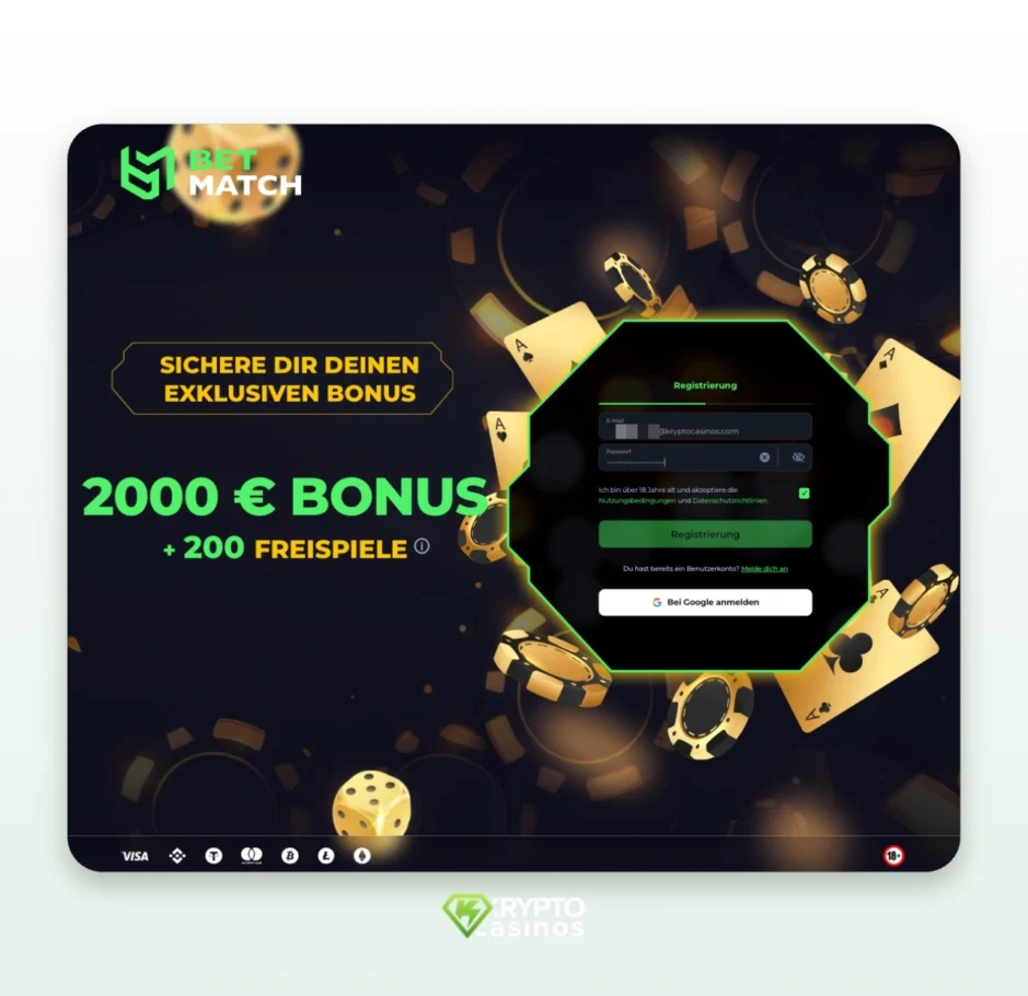 Willkommensbonus bei Betmatch von 200€+200 Freispielen und Registrierungsmaske im Casino