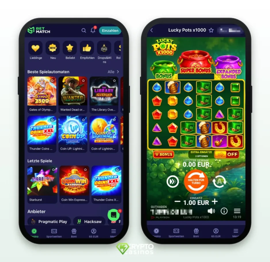Zwei Screenshot der Betmatch Casino App nebeneinander: Links die generelle Ansicht, rechts ein geöffneter Online Spielautomat im Spielmodus