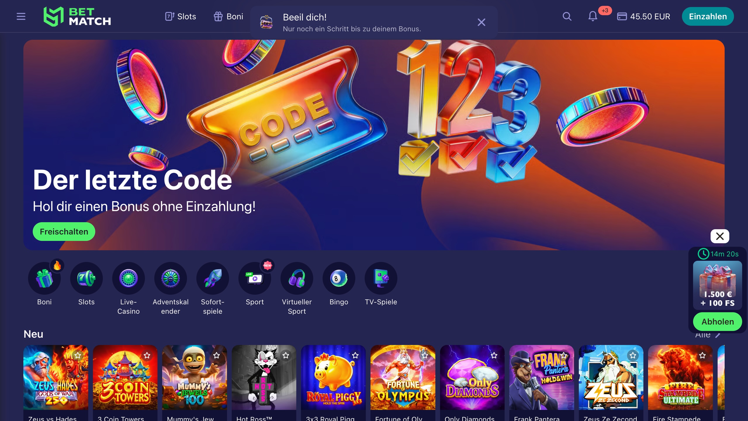 Das Bild zeigt die Desktop Startseite nach erfolgreichem Login bei Betmach Schweiz mit dem Bonusbanner und der Spielesammlung