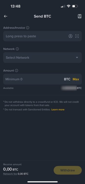 binnace app send btc screenshot