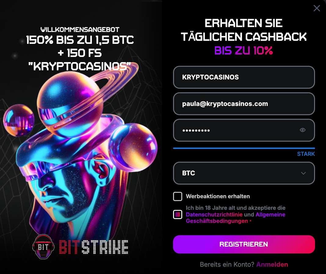 Exklusiver Bitstrike Casino Bonus für Spieler von KryptoCasinos.com