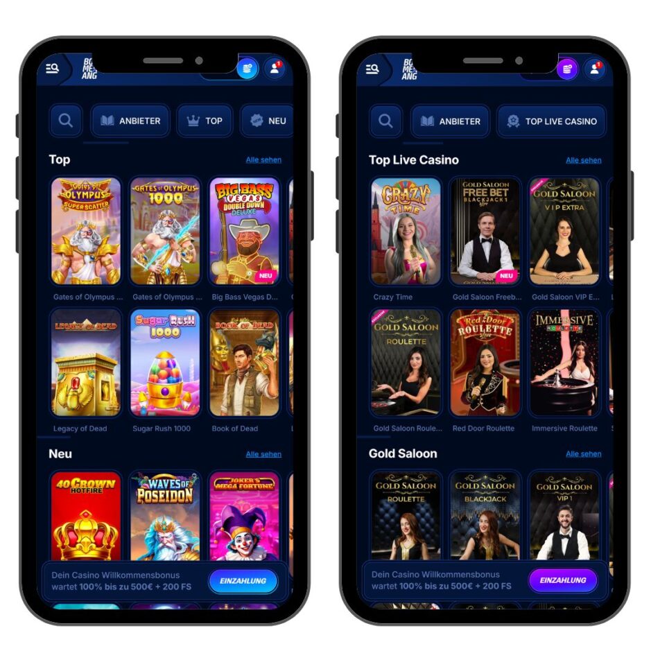 Die mobile Ansicht von Boomerang Bet Casino ist modern und benutzerfreundlich.