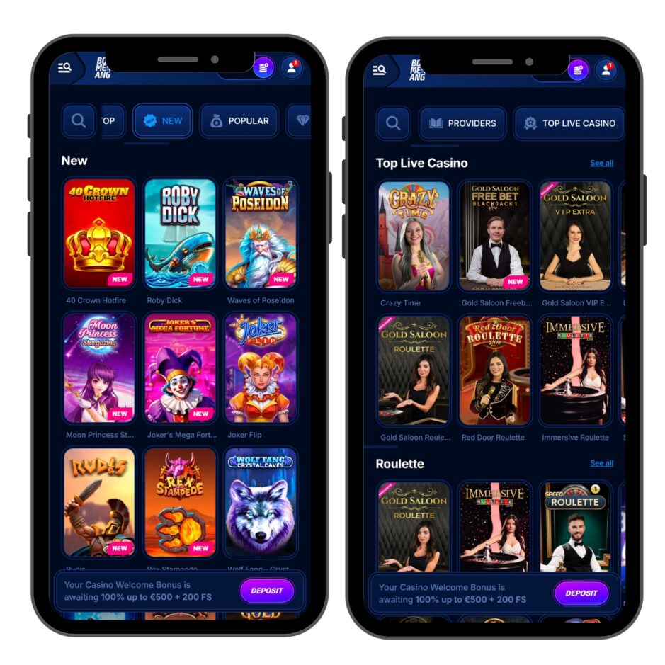 screenshot of boomerang bet mobile casino