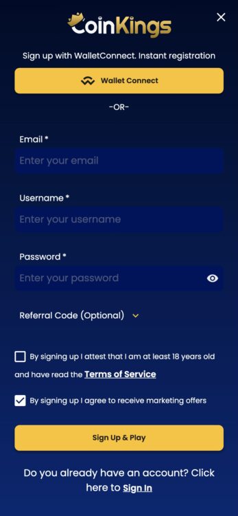 coinkings casino sign up screenshot