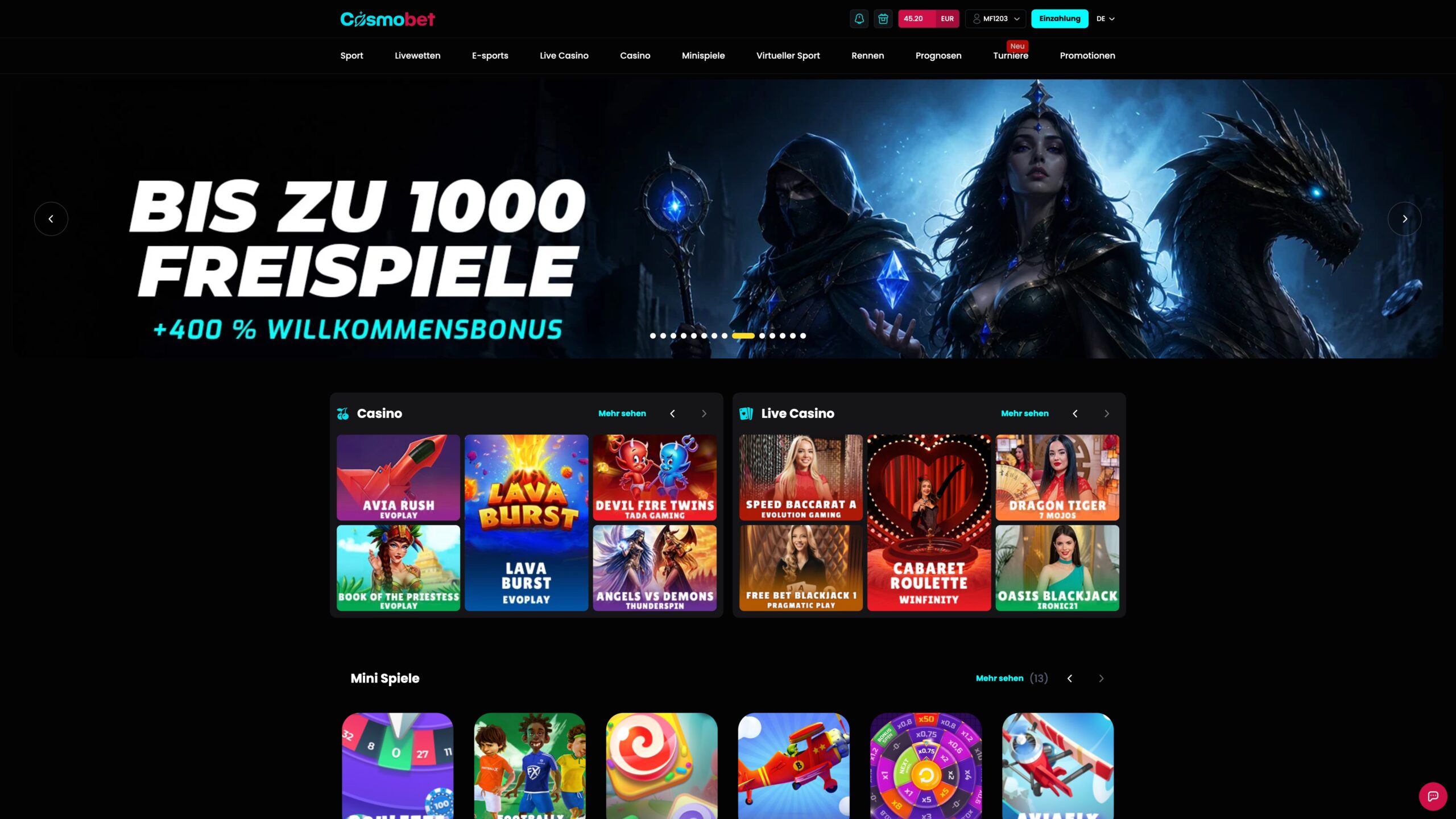 Das Bild zeigt die Desktop Version von Cosmobet DE inkl. Spiellobby und Bonusbanner
