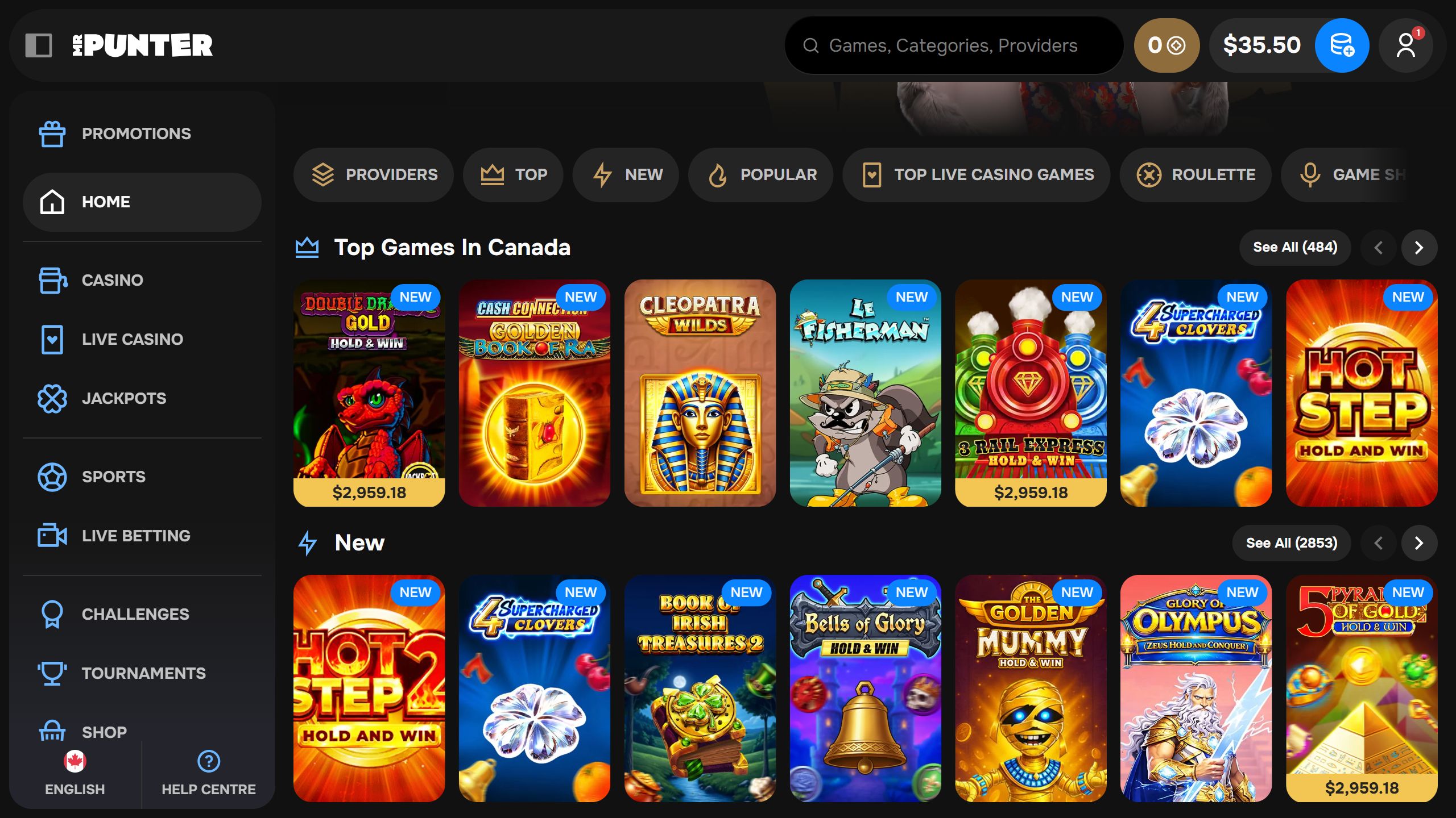screenshot of MrPunter casino showing the game lobby