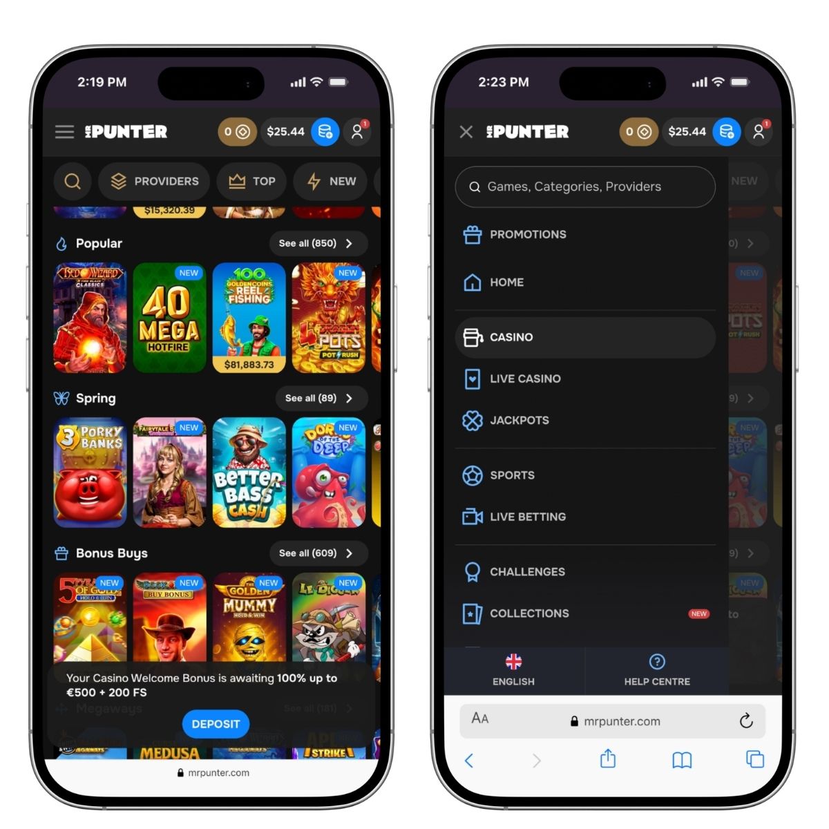 mrpunter mobile casino interface showing game categories, bonus buy slots, navigation menu, and search filters on iphone screens