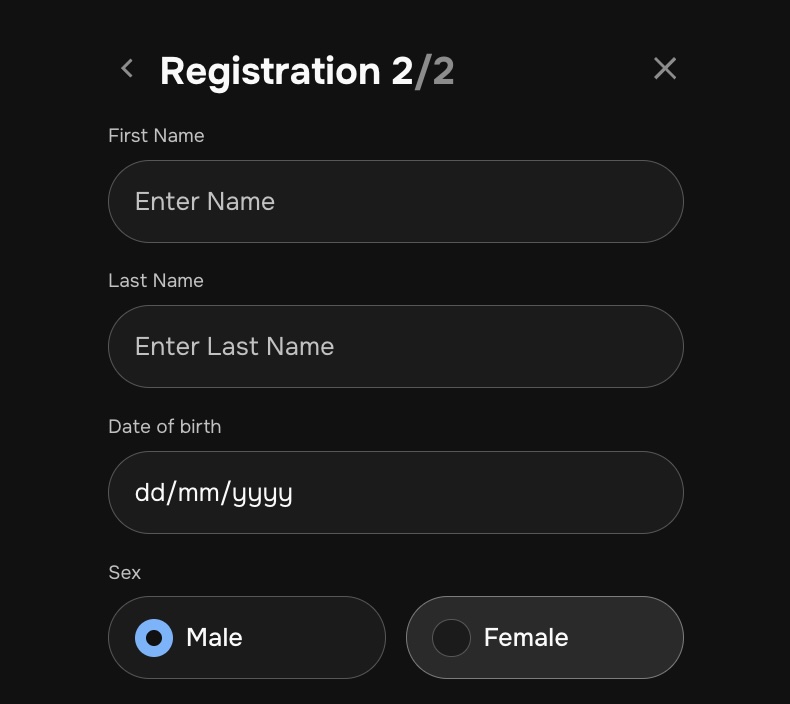 mrpunter casino registration step 2 form showing first name, last name, date of birth, and sex fields