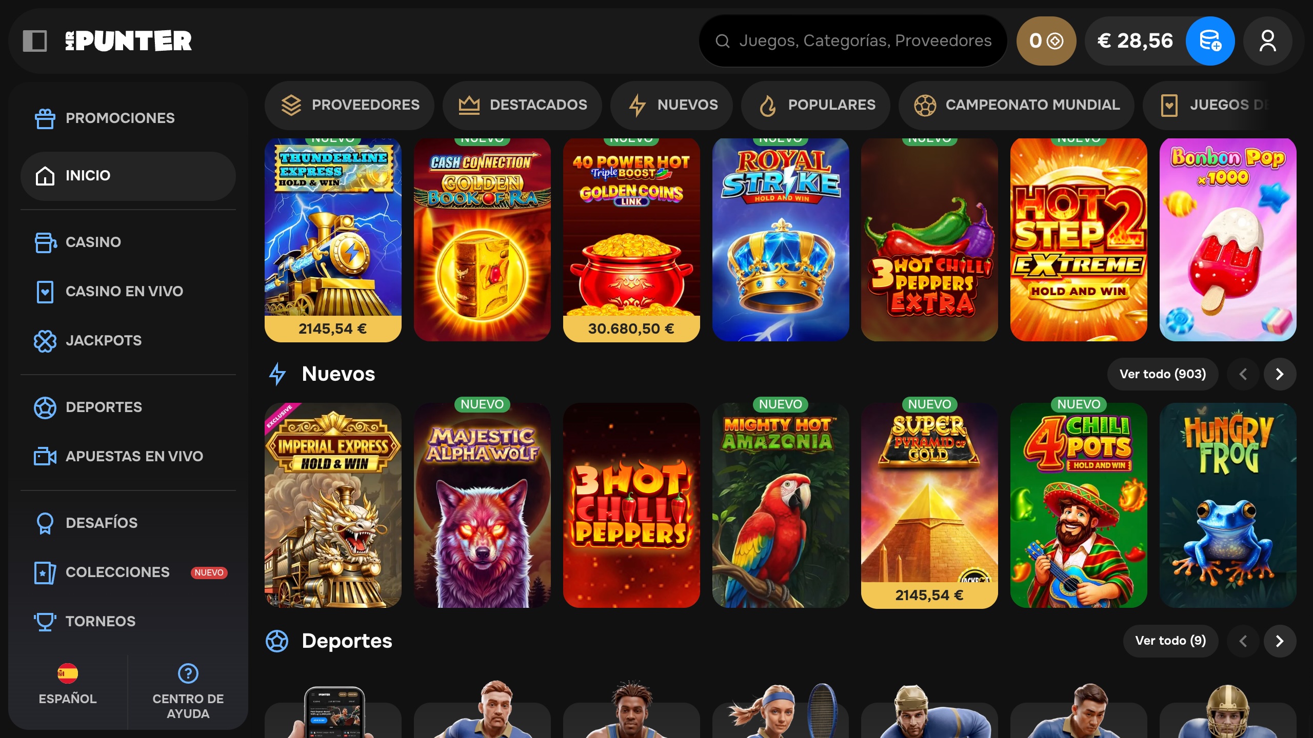 página principal de mr punter casino en español con tragamonedas, juegos nuevos, deportes y menú lateral de navegación