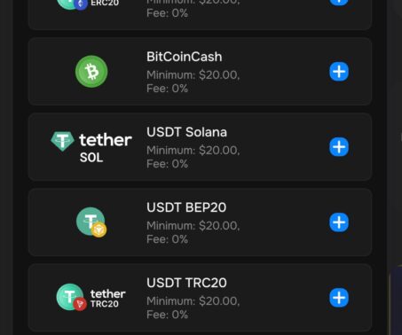 mr punter deposit menu showing usdt solana, usdt bep20, and usdt trc20 options