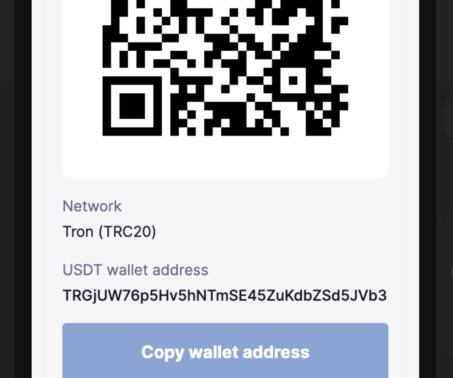 mr punter usdt trc20 deposit screen with qr code and wallet address displayed