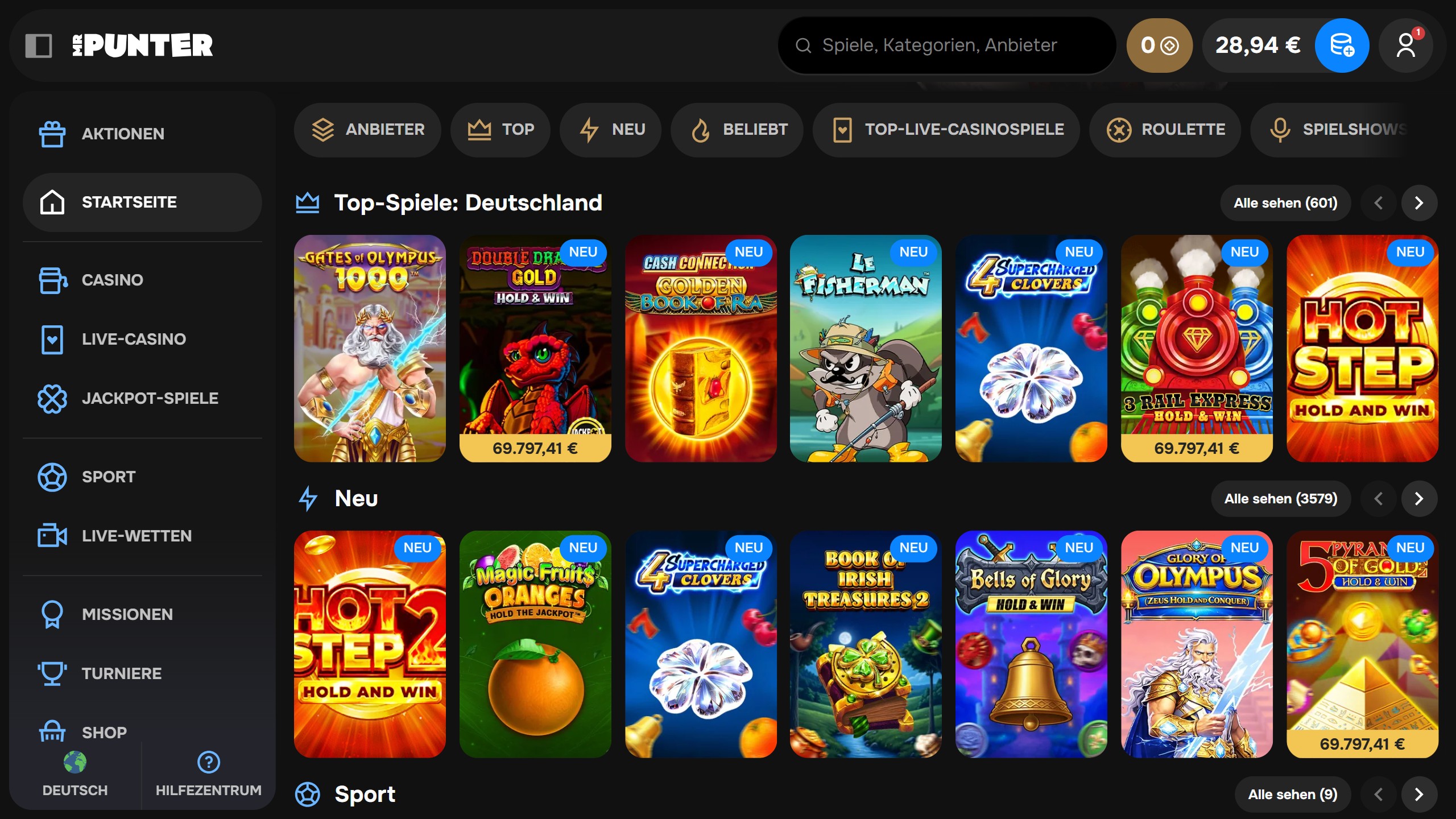 Screenshot des MrPunter Casinos mit Spielen