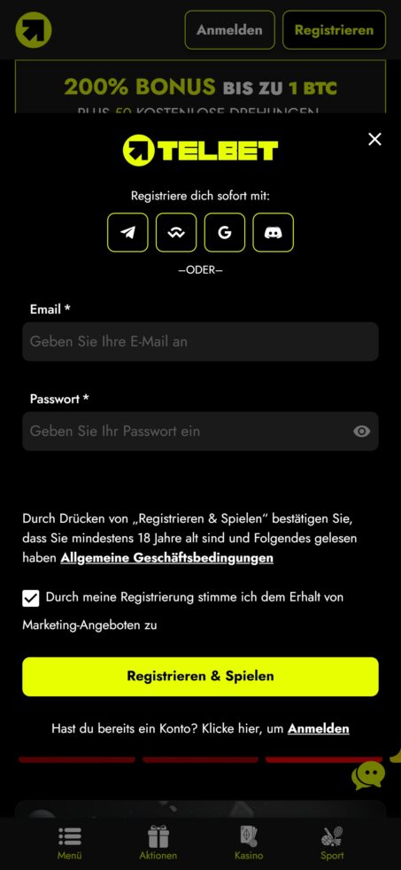 Bei Telbet gibt es verschiedene Möglichkeiten zur Anmeldung, z.B. per E-Mail oder Google.